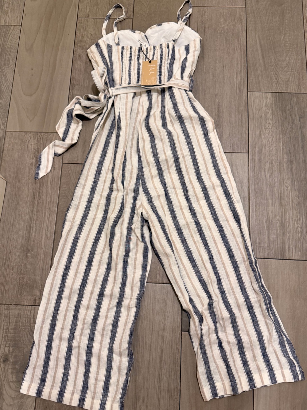 Love Tree Blue and White Striped Button-Front Jumpsuit with Belt - Picture 4 of 11